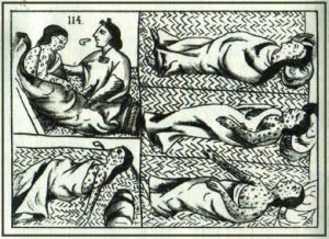Image is a 16th-century Aztec drawing showing the suffering of a typical victim of smallpox, a European disease that decimated the native population.