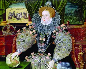 Portrait of Queen Elizabeth I of England dressed in an opulent dress with her right hand placed on top of a globe. Next to her is a crown and out the window behind her is a depiction of the failed Spanish Armada of 1588.