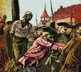 Image depicts white colonists of New York burning a black man at the stake for alleged involvement in a slave uprising .