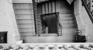 Image shows a spiral staircase in the opulent colonial home in Virginia called Westover Plantation.