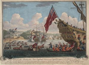 A 1747 painting depicting a British ship arriving at Nova Scotia where they successfully defeated the French.
