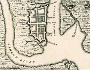 The image is of an early map of Charles Towne, or Charleston, South Carolina.