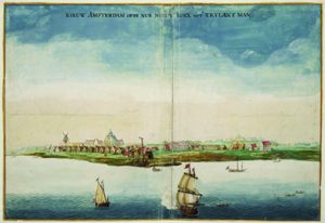 Image is an early depiction of New Amsterdam, which would later be renamed New York City when it was taken over by the English in 1674.