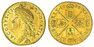 Image is of the front and back of an English coin called a guinea showing the Royal African Company logo, an elephant and castle.