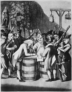 Image depicts a scowling merchant being forced to sign a non-importation agreement by a group of colonial patriots. The artist has depicted the colonists as being a group of armed rabble-rousers.