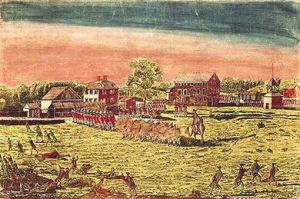 Image was created by an American colonist and depicts the Battle of Lexington, 1775.