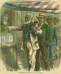 Image depicts African American men from different stages of life standing in line to cast their ballots. Leading the way is an elderly gentleman who the viewer presumes began life as a slave.